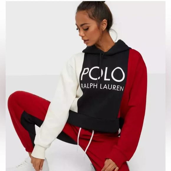 Polo Ralph Lauren Sweaters - Polo Ralph Lauren Womens Color Block Logo Hoodie Black/ Multi Pullover Size M